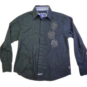 Kings Road Mens Black Long Sleeve Button Down Shirt Embroidered Crests Size L